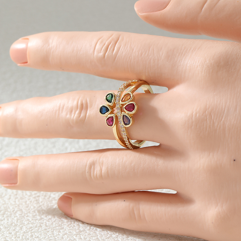 Boho Floral Cross Double Layer Ring with Synthetic Zirconia